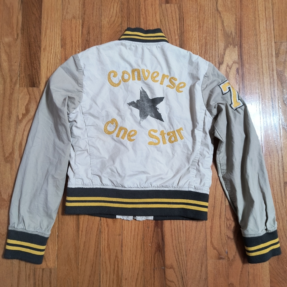 3/$10⭐ Converse One-Star crop bomber varsity jacket, wmn small, off-white/brown - Picture 8 of 14
